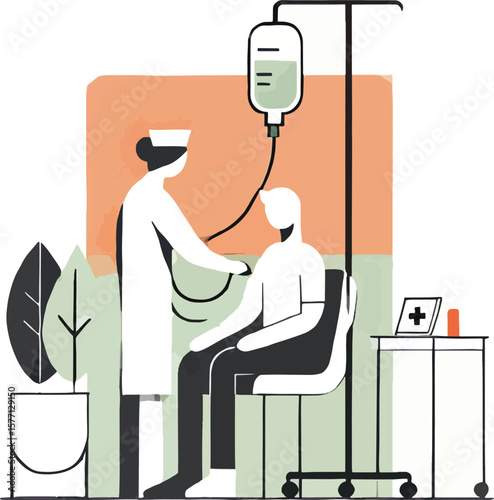 Nurse administering intravenous drip treatment to a patient in a medical clinic illustration