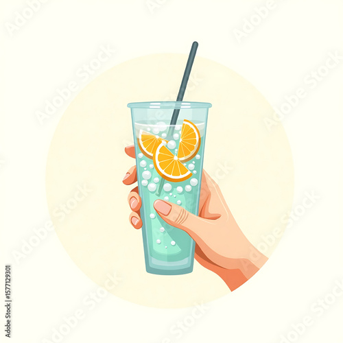 A hand holds a refreshing, light-blue drink with orange slices and bubbles.