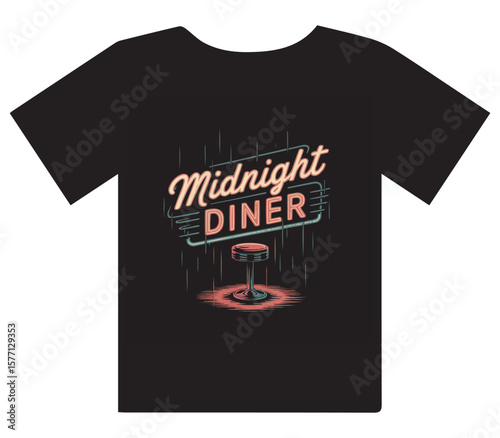Retro Midnight Diner T-Shirt Design with Neon Sign and Stool
