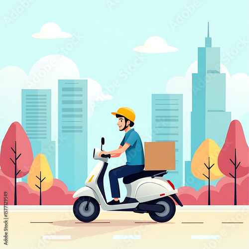 Delivery driver on scooter navigating city streets, carrying a package.