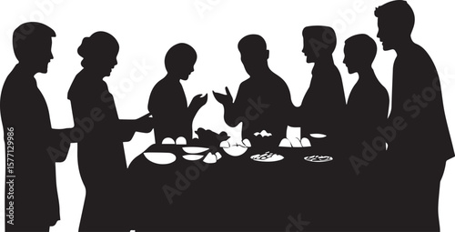 Family, people, and children silhouettes on a bicycle, with vector illustrations of a couple, business group, and individuals working at an office meeting or enjoying a restaurant setting.