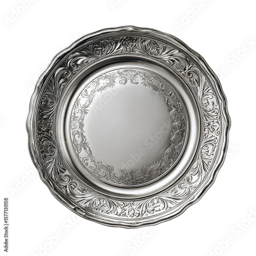 Round silver plate with an engraved border, on a transparent background