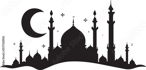 Vector silhouette illustration of a mosque with a minaret and dome, showcasing Islamic architecture for travel and religious tourism in cities like Istanbul, Kazan, and Agra.