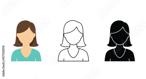 Three versions of a woman s avatar colored outline and silhouette