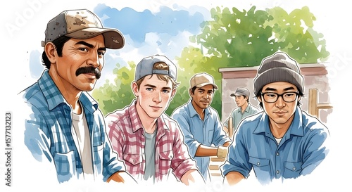 A diverse group of young men, wearing work attire, stand together outdoors, exhibiting camaraderie and shared purpose. Their expressions convey collaboration and a positive team spirit.