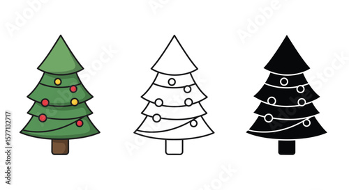 Christmas Tree Icon Set Color Outline and Silhouette Variations