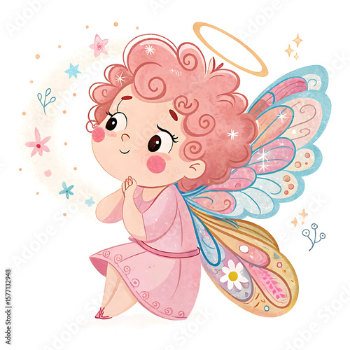 Cute little angel with curly pink hair and colorful wings isolated on white background