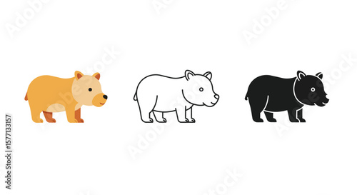 Cute Bear Illustration Set in Different Styles Color Outline and Silhouette
