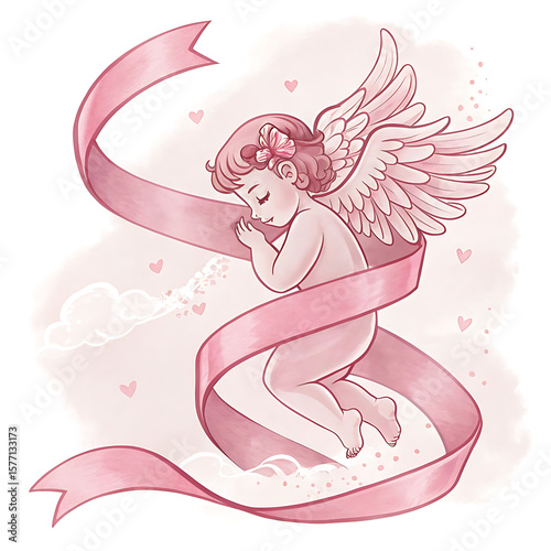 Sweet cherub with pink ribbon and hearts isolated on white background