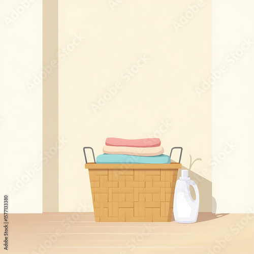 A wicker laundry basket holds neatly folded towels and clothes, next to a detergent bottle against a pale wall.