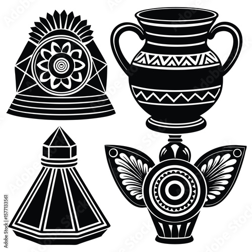 Collection of stylized black and white ancient artifacts and decorative objects