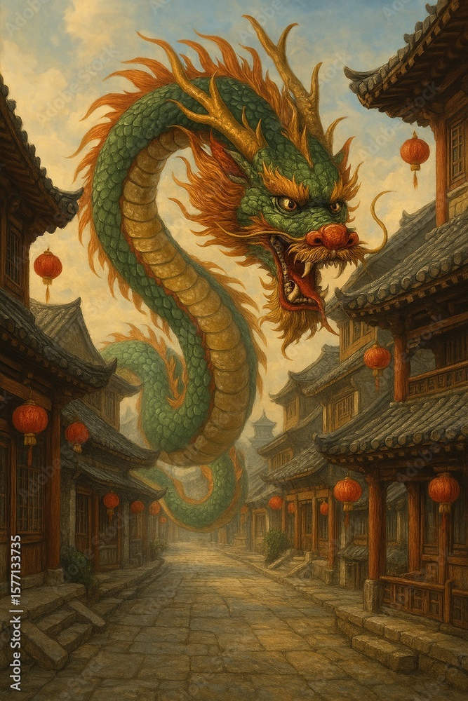 Fototapeta premium Chinese dragoon in town AI generated