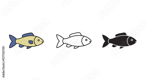 Three fish icons in different styles including colored outline and silhouette