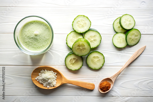 Sliced cucumber with spoon on wooden board for healthy meal preparation