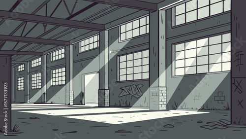 Interior view of a derelict warehouse with sunlight streaming through the windows and open doorway