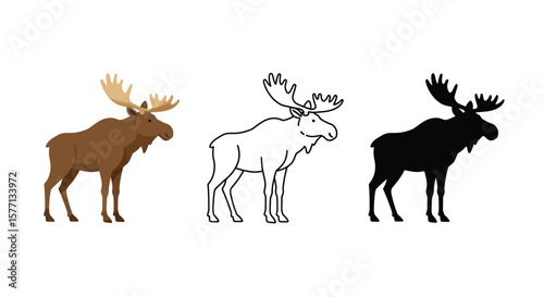 Moose vector illustration set in color outline and silhouette styles