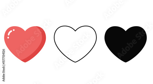 Three Hearts in Red White Outline and Black on White Background