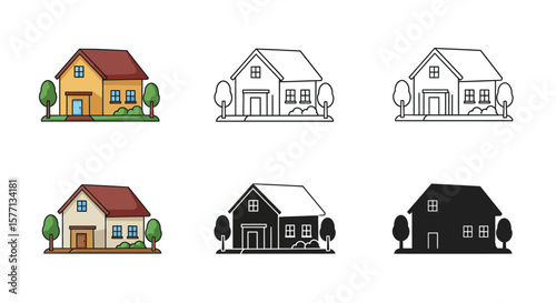 House Icons in Different Styles Color Outline and Silhouette Vector Illustration