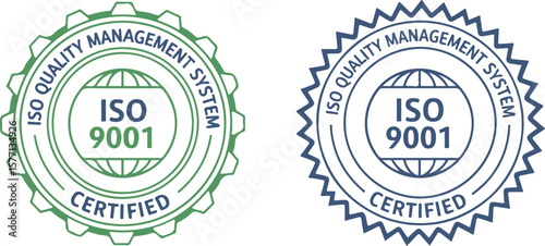 ISO 9001 certified quality management system seal in green and blue on white