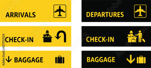 Airport signs with Arrivals, Departures, Check-in, Baggage on white background