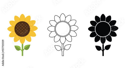 Sunflower icon set color outline and silhouette versions of a blooming flower
