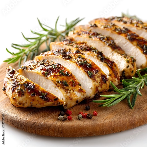 Delicious sliced grilled chicken breast with rosemary and peppercorns isolated on white background