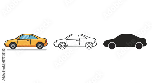 Cartoon Car Icons in Color Outline and Silhouette Styles