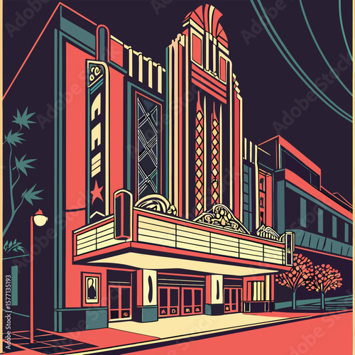 Illustration of a vintage movie theater building with marquee and surrounding street scene at night