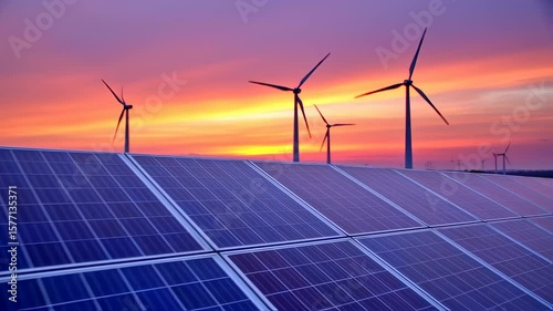 Solar panels and wind turbines at sunset