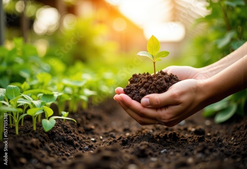 Wallpaper Mural Hands planting a young seedling in rich soil during sunny weather Torontodigital.ca
