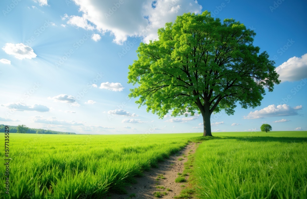 Obraz premium A lush green tree stands prominently in a vibrant grassy field under a bright blue sky with scattered clouds