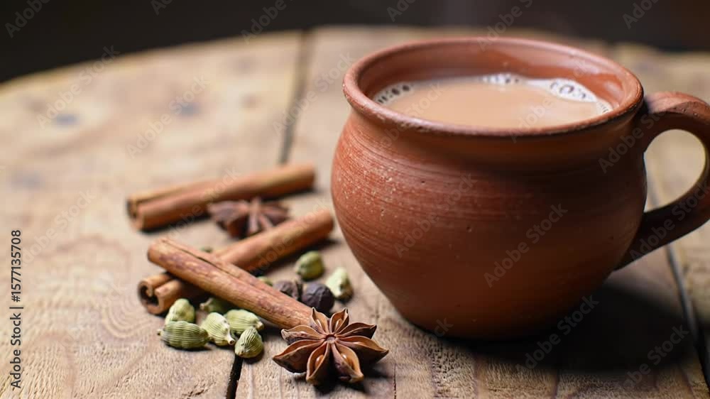 Spiced tea in a clay mug on a wooden table Spiced tea in a clay mug on a wooden table