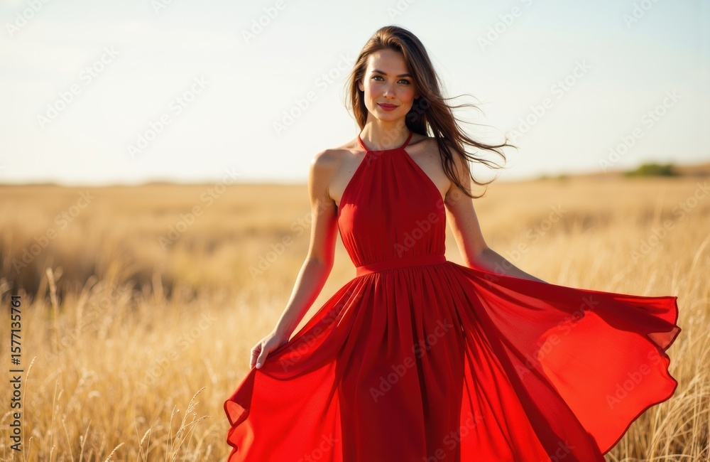 Obraz premium Woman in red dress standing in a golden field on a sunny day