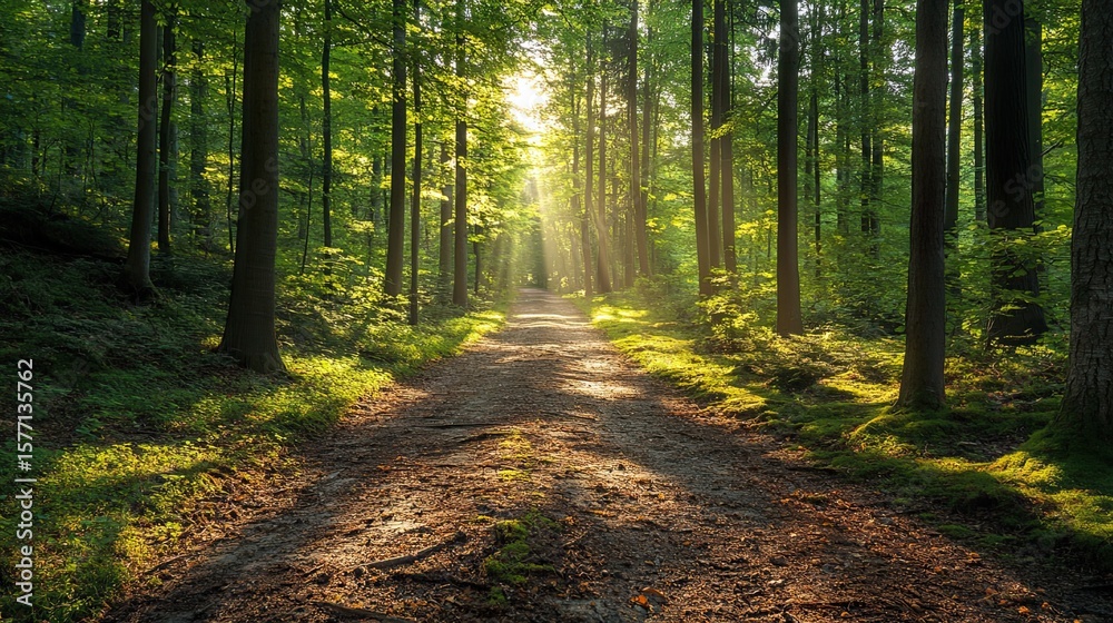 Fototapeta premium Forest path lined with trees, sunlight filtering through leaves, symbolizing nature preservation.