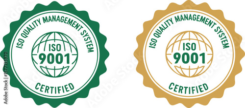 ISO 9001 certified green and gold emblems on white background