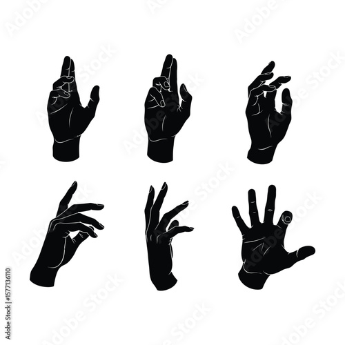 Collection of six elegant, stylized black silhouettes of female hands in various gestures.