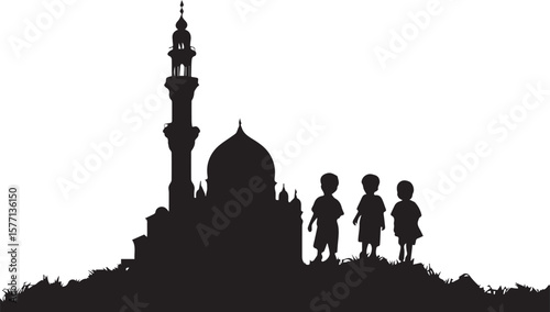 Silhouette of mosque in Istanbul with skyline and sunset background