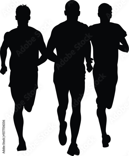 Three male athletes running together in silhouette competition sport