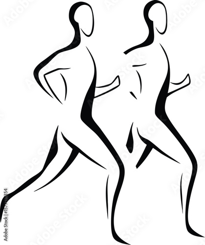 Two figures running together in a stylized black and white illustration people sport
