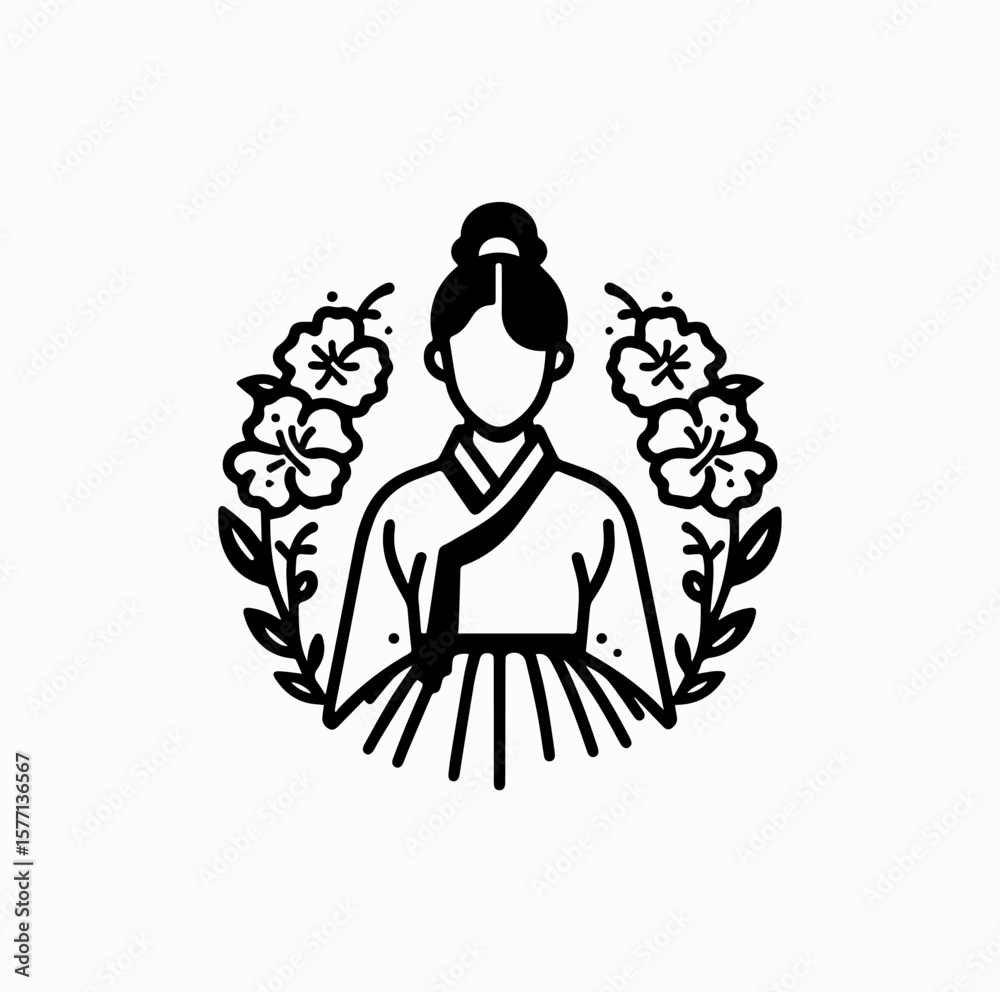 Fototapeta premium Minimalist Black Vector Logo of Woman in Hanbok with Mugunghwa Flowers Isolated on White Background