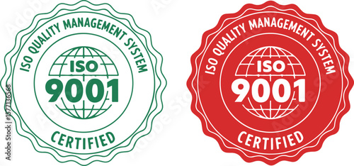 ISO 9001 quality management system certified seal in green and red on white background