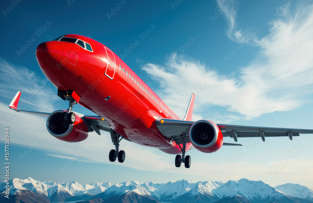 Obraz premium A red commercial airplane flying low over snow-capped mountains against a blue sky
