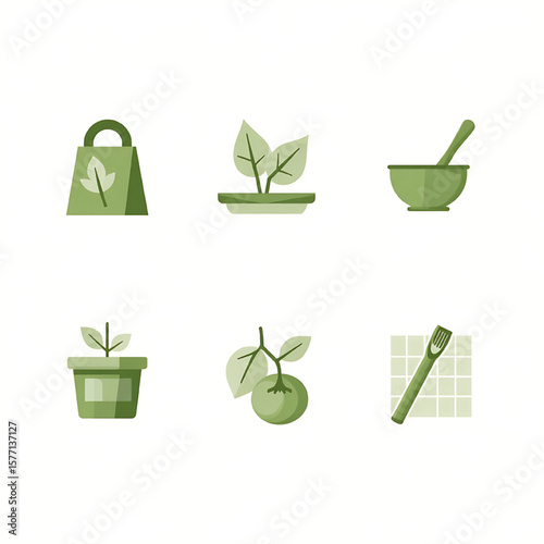 Green icons depicting gardening, herbalism, and eco-friendly packaging.