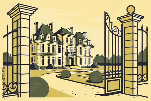 Illustration of a grand mansion viewed through an ornate gate with manicured lawn and topiary bushes