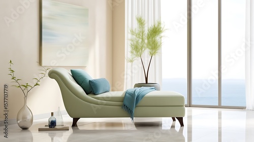 Ultra-clean living space featuring a velvet blue chaise sofa  pale green contemporary armchair  sandy beige wall finish  glass decor  and polished concrete floors  full-frame shot 