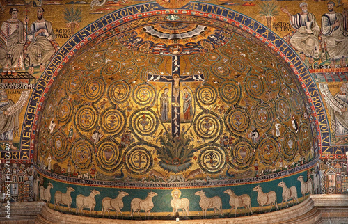 Photography Rome - The ancient mosaic of Jesus on the cross in main apse of church Basilica di San Clemente (1100)