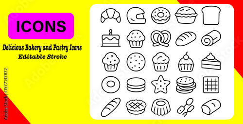 Vector art of this delicious bakery and pastry icons set is perfect for illustrating sweets