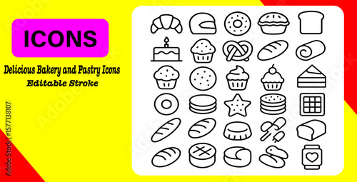 Vector art of this delicious bakery and pastry icons set is perfect for illustrating sweets