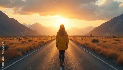Woman stands at crossroads, deciding which path to take for new beginning. Yellow jacket contrasts with gray road, flanked by green mountains. Orange and yellow sky, warm hues, solitude, tranquility.