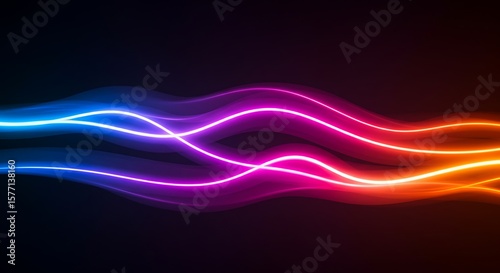 Radiant neon light trails flow and undulate across a dark background, creating a dynamic, futuristic, glowing wave effect.